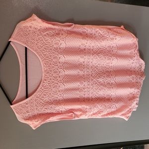 Light Pink Scoop Neck Lace Overlay Dressy T Shirt Top